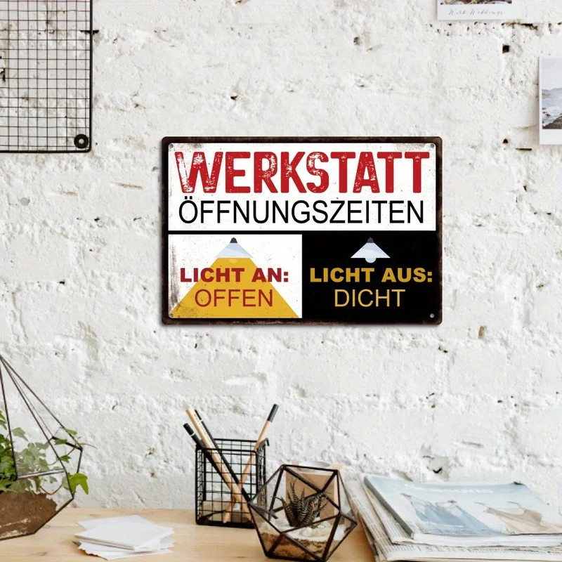1Pc German Vintage Tin Sign Studio Business Hours, Light On Open Light Off Closed, Wall Art for Home Farmhouse Bar Club