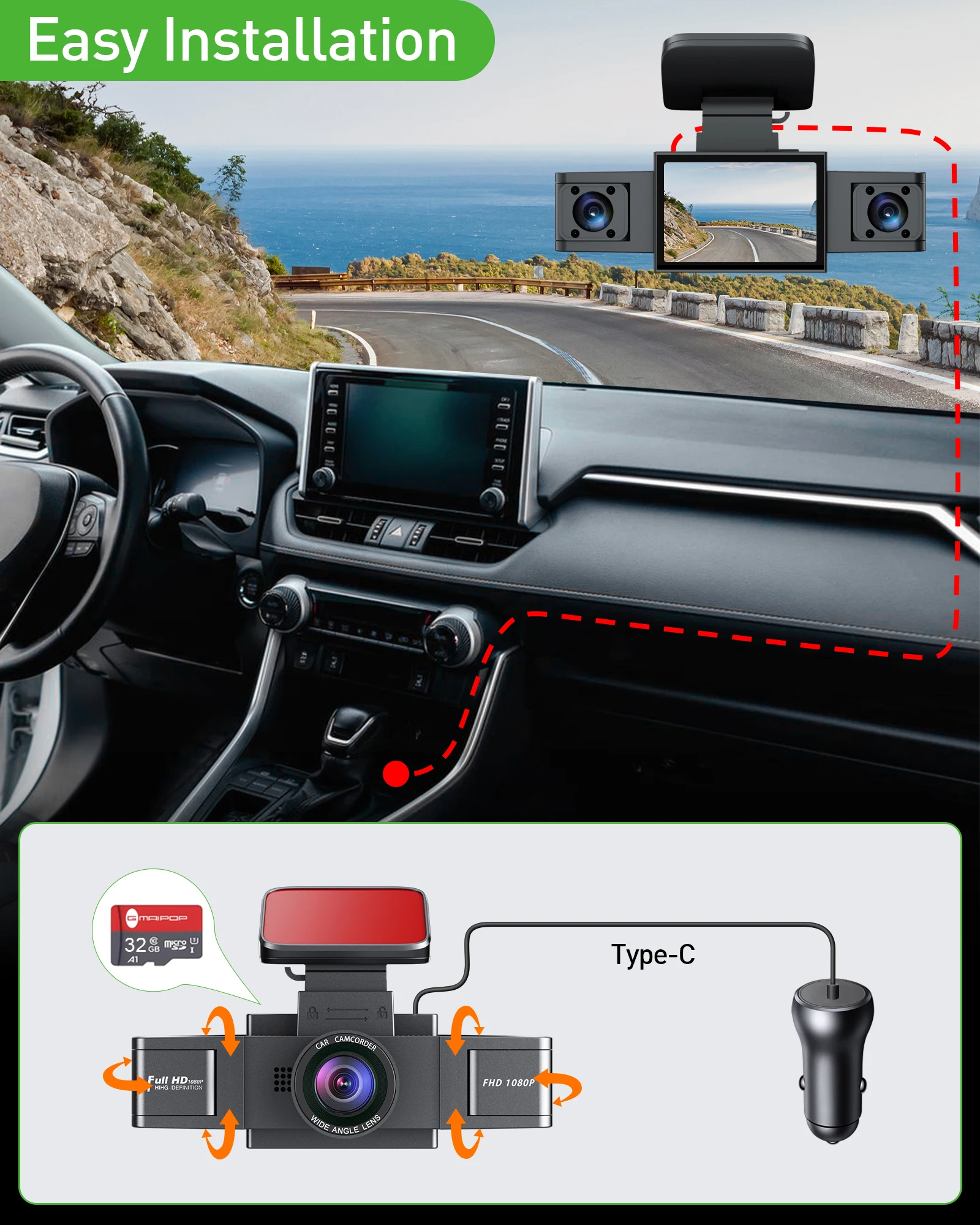 3 Channel Dash Cam Video Recorder Three Lens Car Camera with Rear View DVR 24H Parking Monitor Black Box image 6