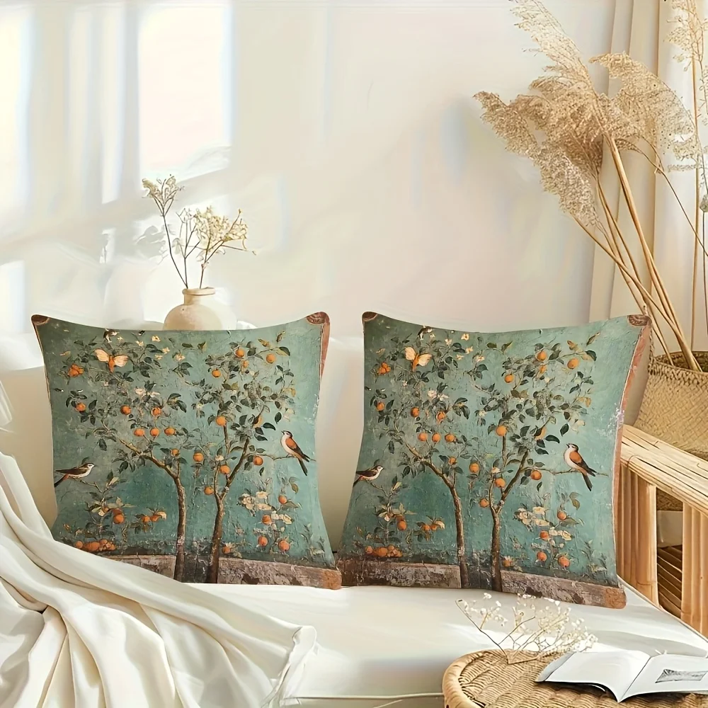 1pc Vintage Orange Tree Bird Print Pillow Cover, 2D Double-Sided Polyester Cushion Case, Teal Botanical Decor Pillowcase, Gift f
