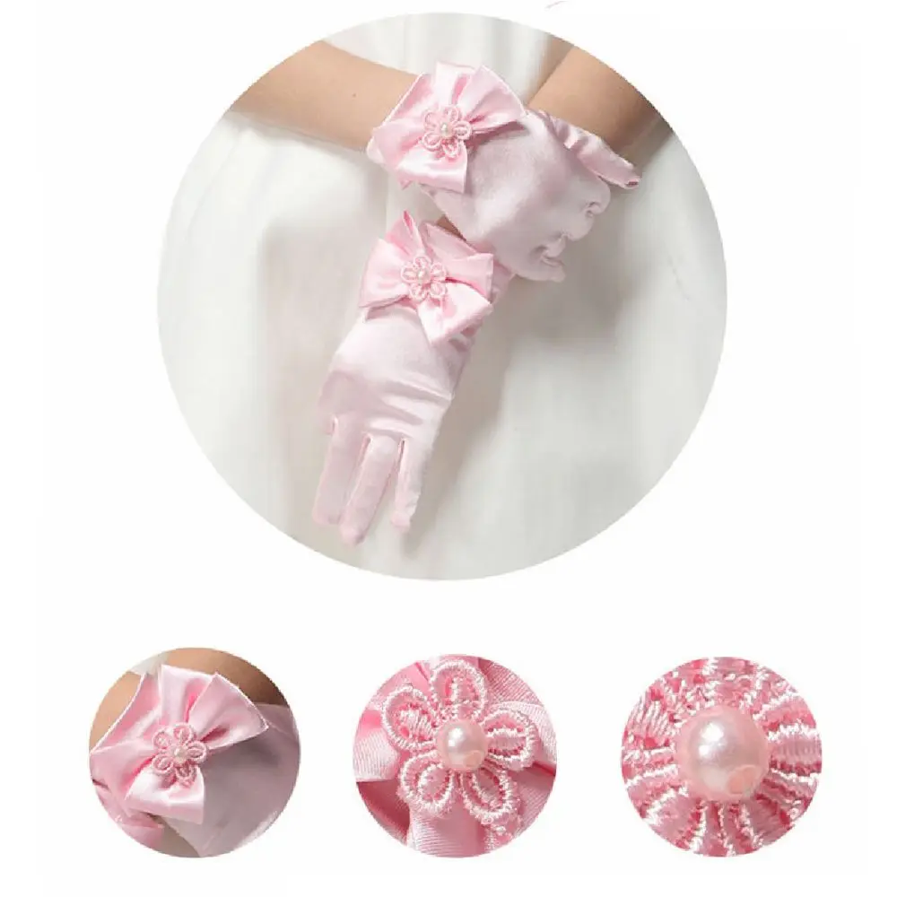 Soft cetim curto bowknot luvas para crianças, festa de casamento, princesa, senhora, vestido, parágrafo breve, 1 par