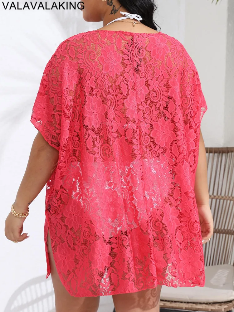 2025 Solid Lace Women Plus Size Cove Up Short Sleeve Large Big Tunic Lady Chubby Beach Dress Hollow Summer Swimsuit Cover-Up