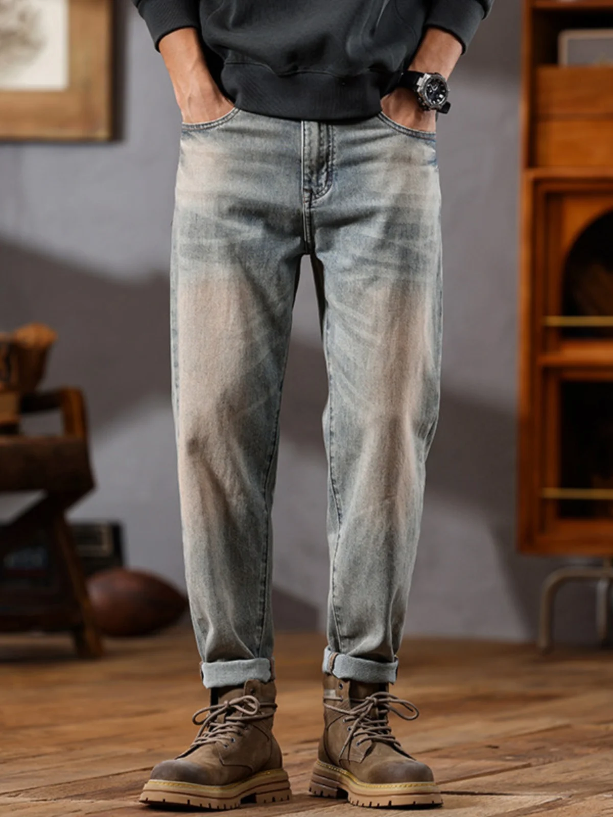 

Мужские джинсы Waed Vintage с эффектом грязевого окрашивания, зауженные, с длинными штанинами, под ботинки, повседневные, модные, молодежные, прямые джинсы-трубы