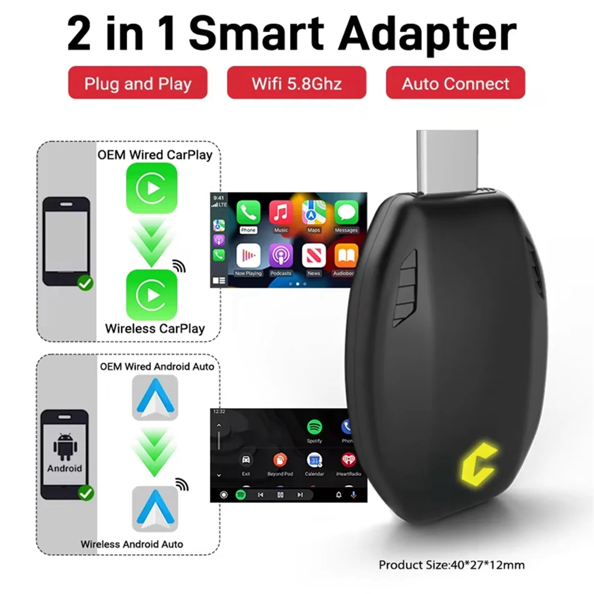 ^&*Summer sale- New Wired to Wireless Carplay Smart Adapter 2in1 Android Auto Mini Box Plug and Play WiFi Fast Connection USB Ty
