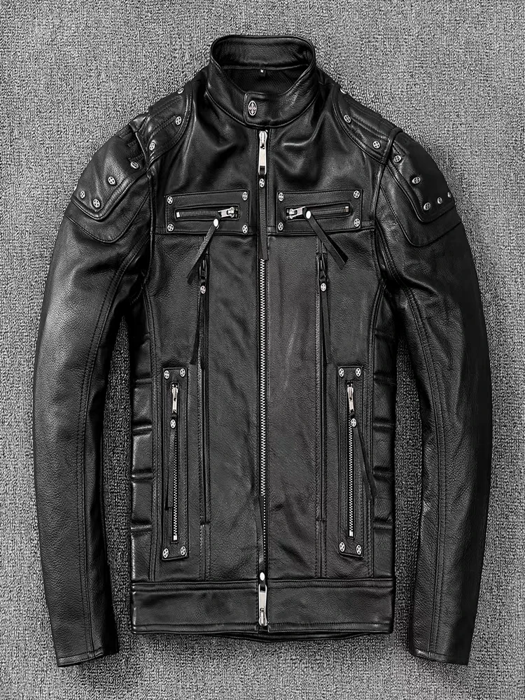 Men's Genuine Leather Motorcycle Jacket Natural Top Layer Calfskin Biker Autumn Stand Collar Short