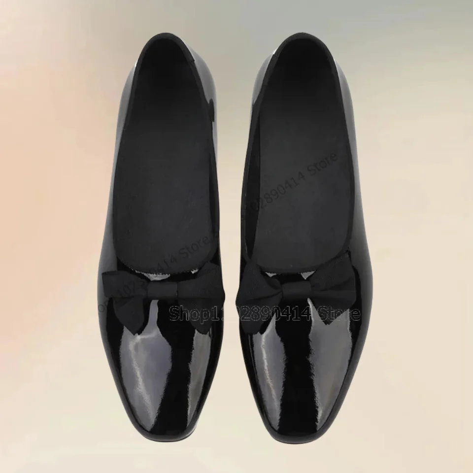 Bow Knot Decor Black Patent Leather Men Pumps Fashion Slip On Men Shoes Luxurious Handmade Party Banquet Office Men Dress Shoes