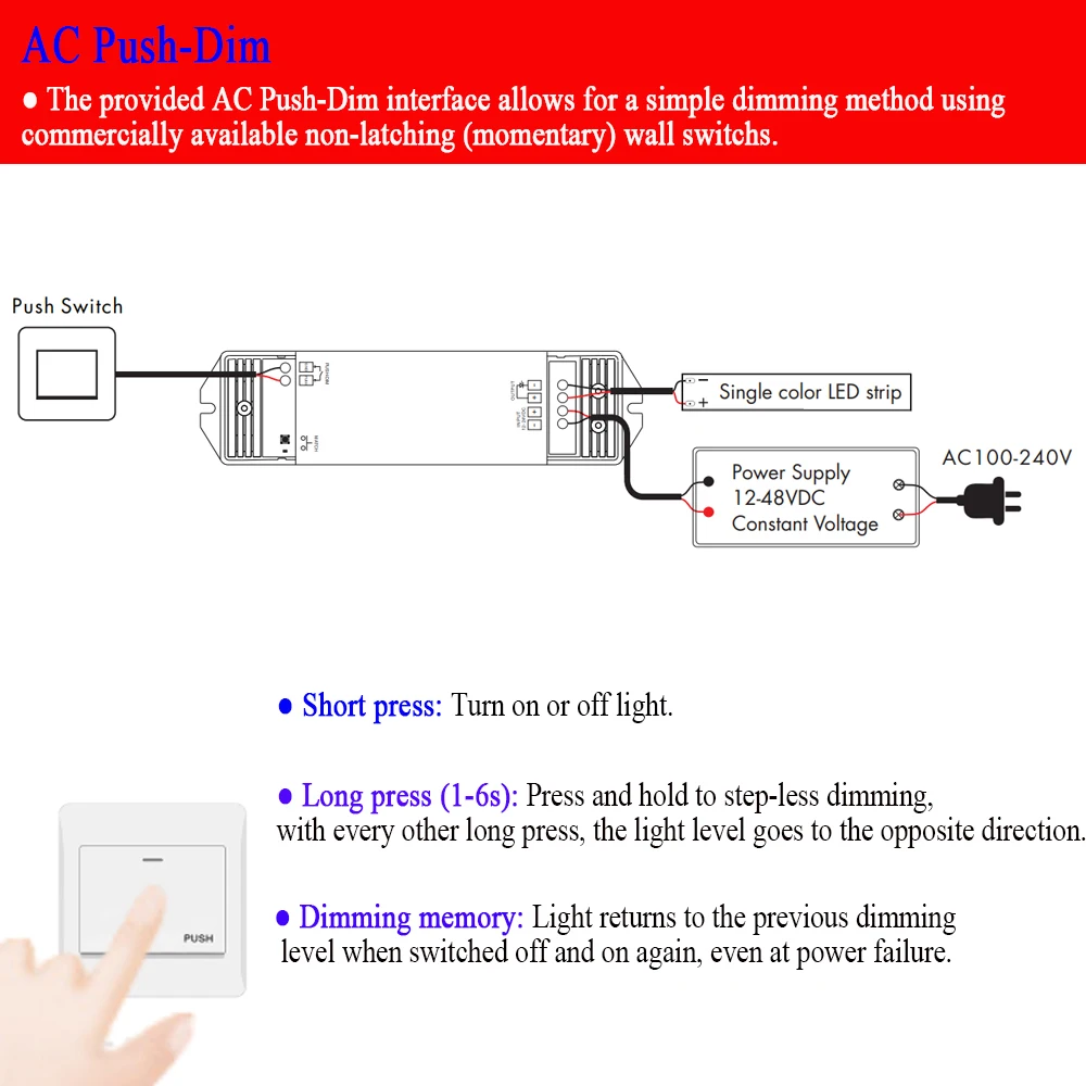 High Power LED Controller 1CH 360W DC 12V 24V 36V 48V Dimmer V1-L With Push Swich Dimming Funtion 2.4G Remote Control Fade Mode