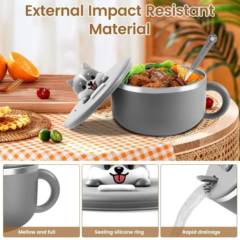 Ramen Bowl 1200ml Food Grade Ramen Bowl Set Portable Lunch Stainless Steel Bowl With Fork Lid For College Dorm Room Home Soup