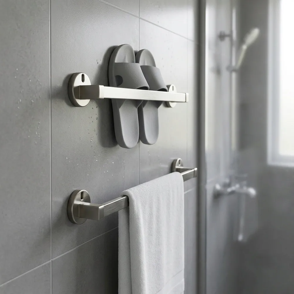 Two Piece Suction Cup Towel and Slipper Holder Set for Bathroom Wall Mounting Includes 30cm and 50cm Bars for Flexible Placement