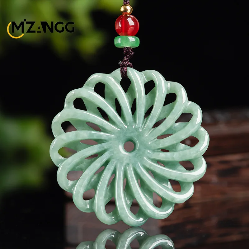 

Natural A Cargo Jadeite Transfer Wheel Pendant Hollow Carving Luxury Sweater Chain Men's and Women's Jade Necklace Lucky Amulet