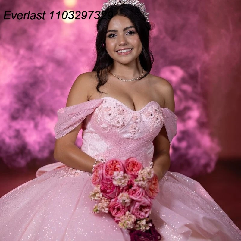 EVLAST Mexican Glitter Pink Quinceanera Dress Ball Gown Lace Applique perline con fiocco Sweet 16 Vestidos De XV 15 Anos TQD727