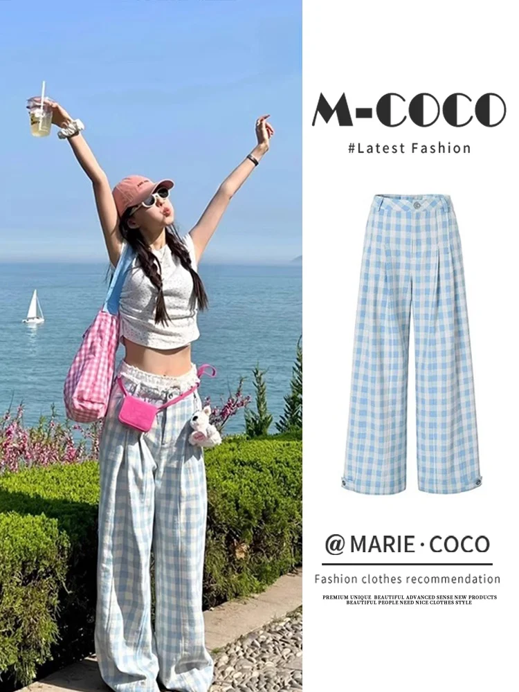 Blue Plaid Pants Women's Thin Summer Small Size High Waist Drape Casual Suit Pants Narrow Straight Wide Leg Trousers