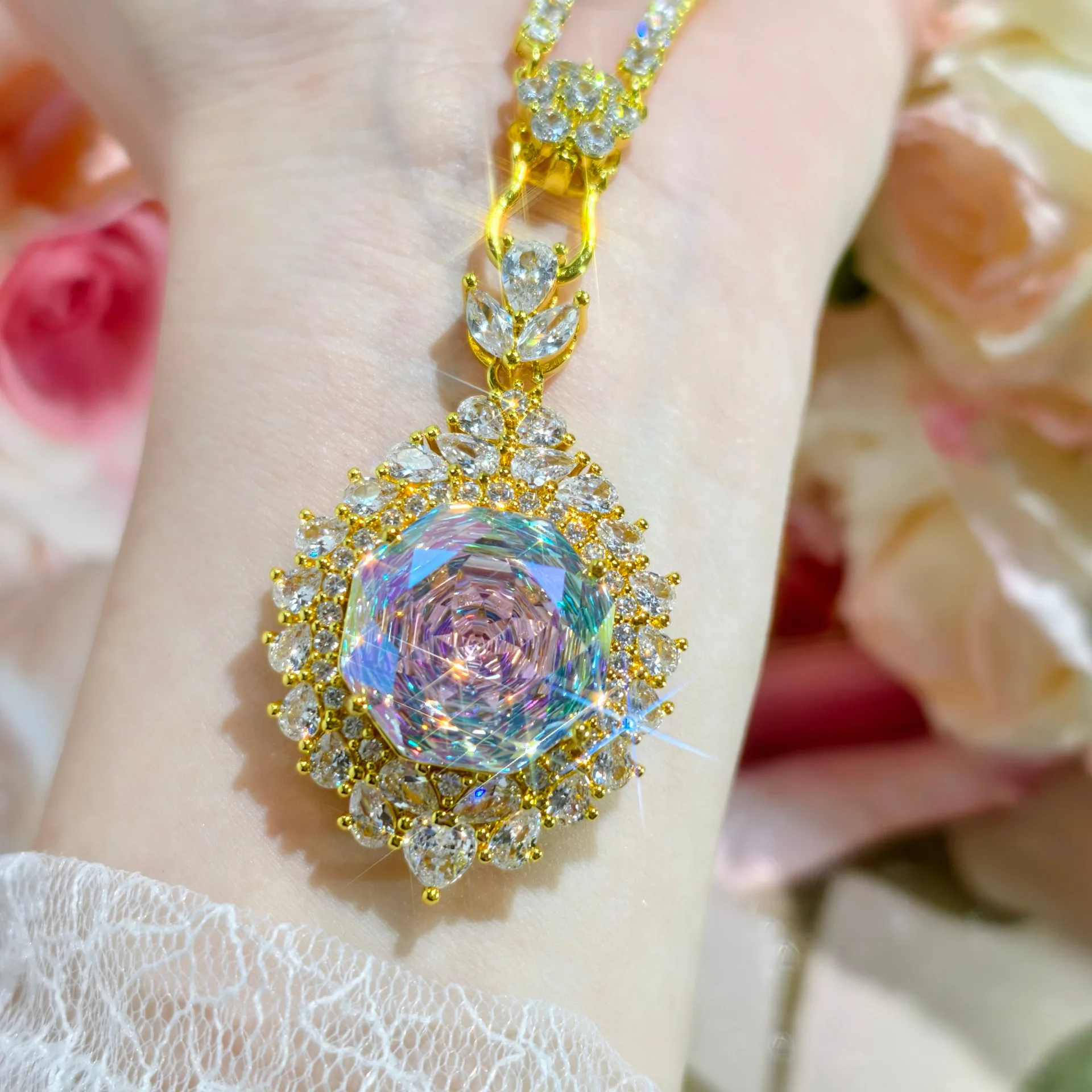 

New Arrival Crystal Flower Pendant Women Jewelry Set Shiny Rose Stone Necklace Female Engagement Accssories Gift For Lover