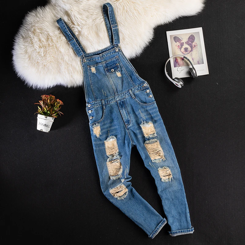 

Retro Hole Denim Overalls Men's Integrated Workwear Pants Unisex Hip Hop Denim Nine Point Halter Top Casual Cotton Jeans