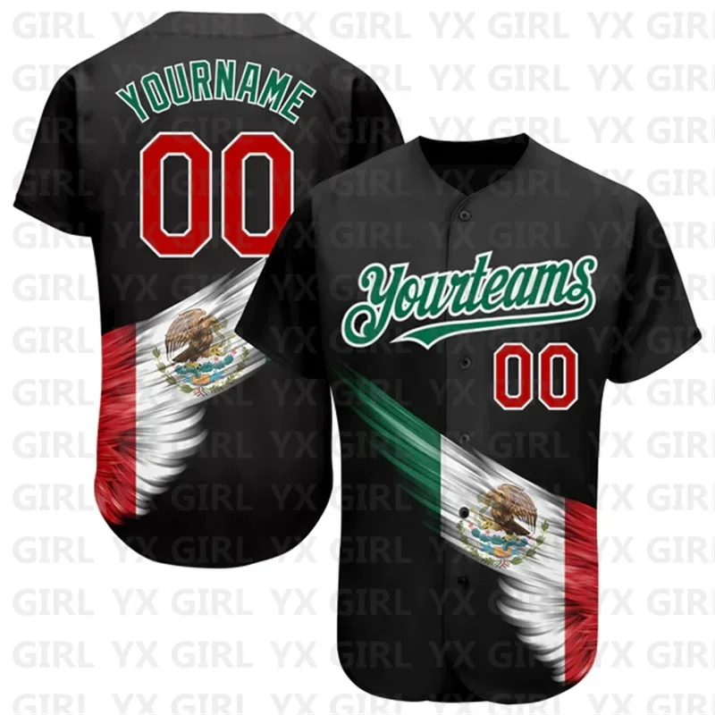 Custom Black Red-Kelly Green Wing With Mexican Flag Authentic Baseball Jersey  3D Printed Men Women Shirt Casual Shirts Tops