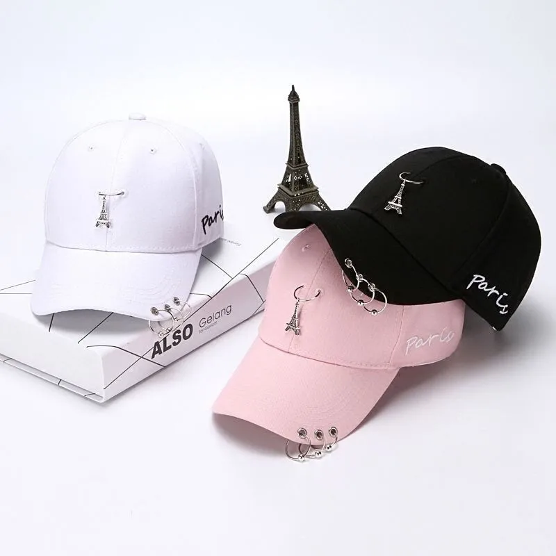 Fashion Women\'s Baseball Hat Hip Hop Three Ring Paris Tower Pendant Street Dance Decorative Hat Adjustable Summer Sunshade Hat