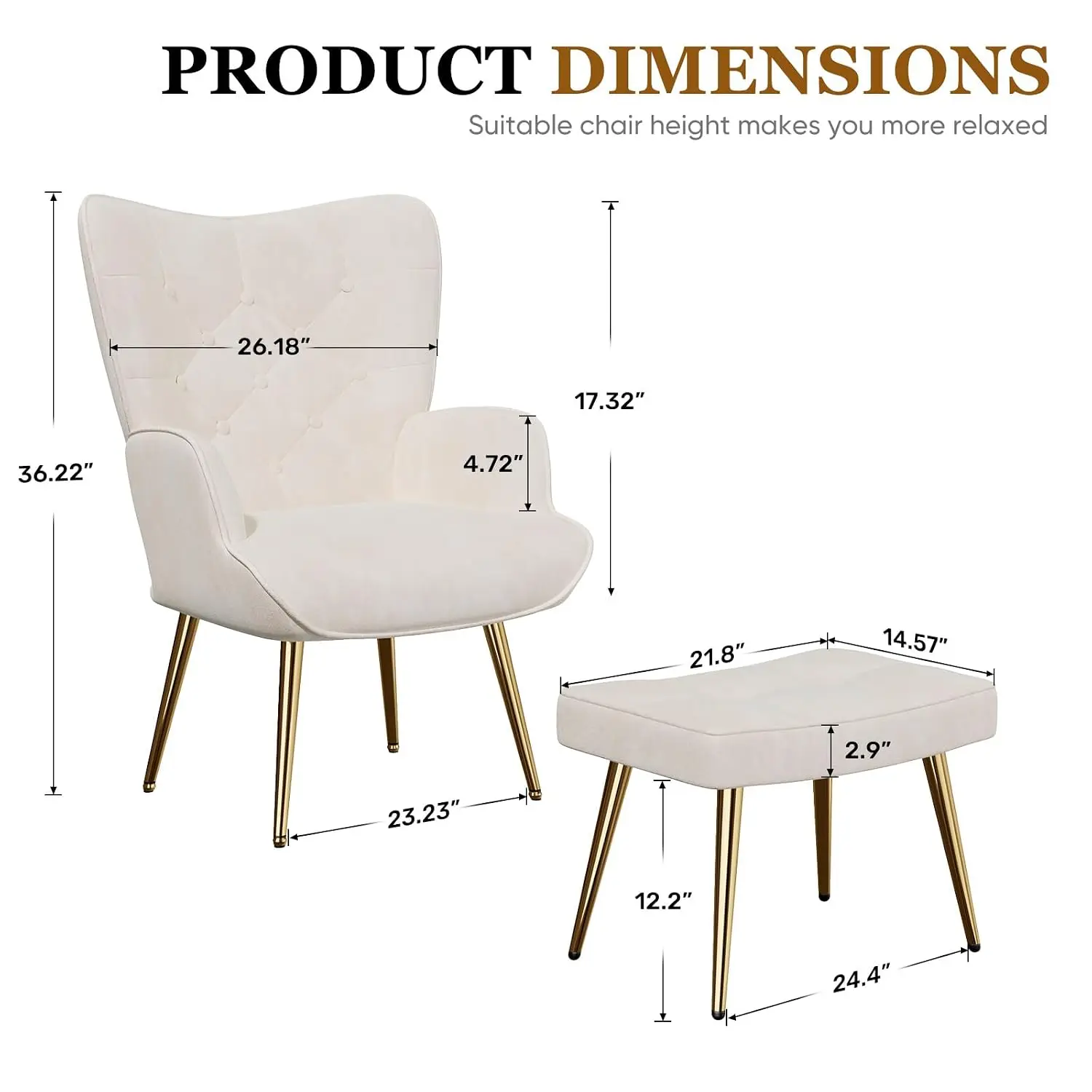 Velvet Wingback Chair & Ottoman Set, Tufted High Back Armchair with Metal Legs for Living Room Bedroom, Beige, Customized