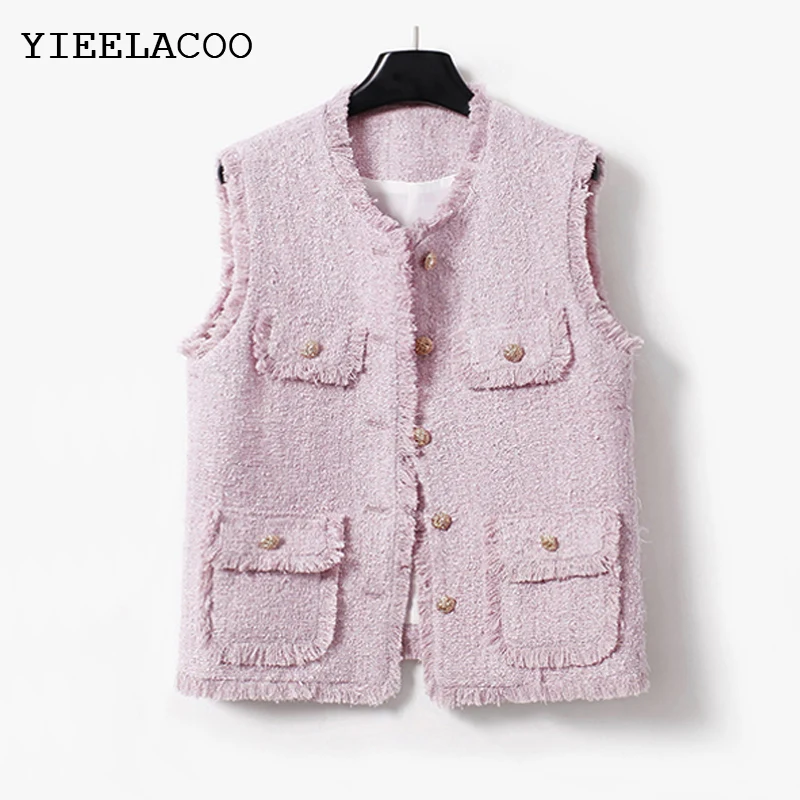 

Розовая куртка без рукавов, твидовая куртка с кисточками, высококачественный модный универсальный топ Классическая женская куртка Пальто