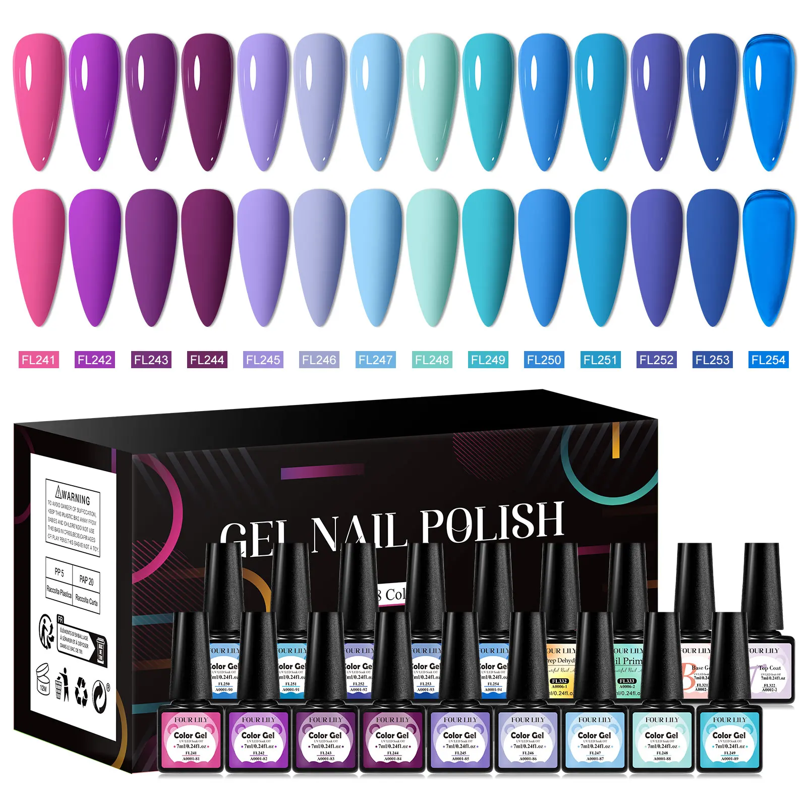 FOUR LILY Set di smalti per unghie gel da 18 pezzi con scatola Nude Rosa Verde Blu Colori Primavera Estate UV LED Kit per manicure scintillante per nail art