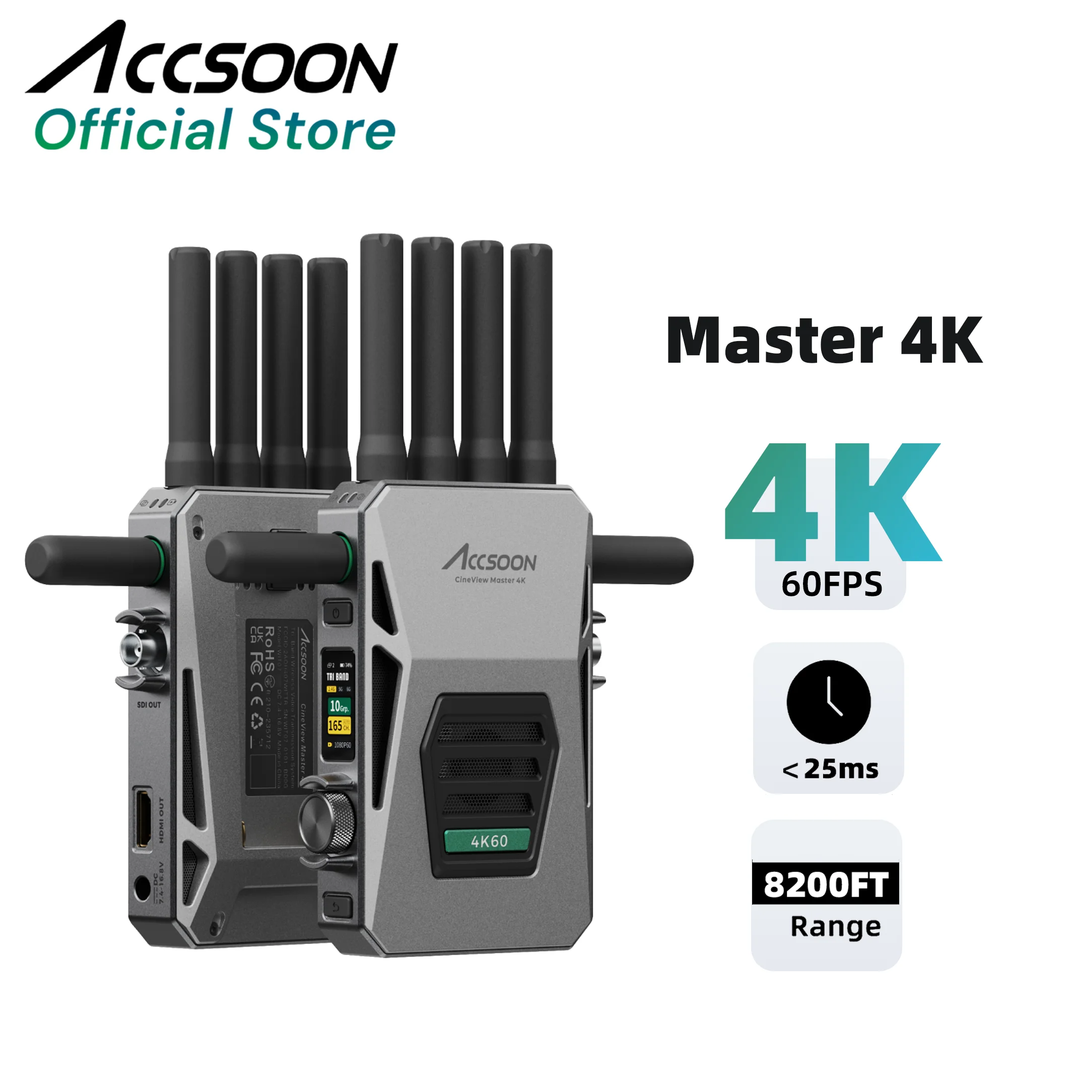 

Accsoon CineView Master 4K 6G/5G/2.4GHz Video wireless Transmission For HDMI SDI 25MS class latency 8200FT Range Full-color LCD