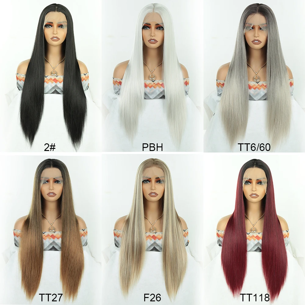 13×4 Long Straight Synthetic Lace Front Wigs Brown Blonde Color Heat Resistant Lace Hair Wig For Women