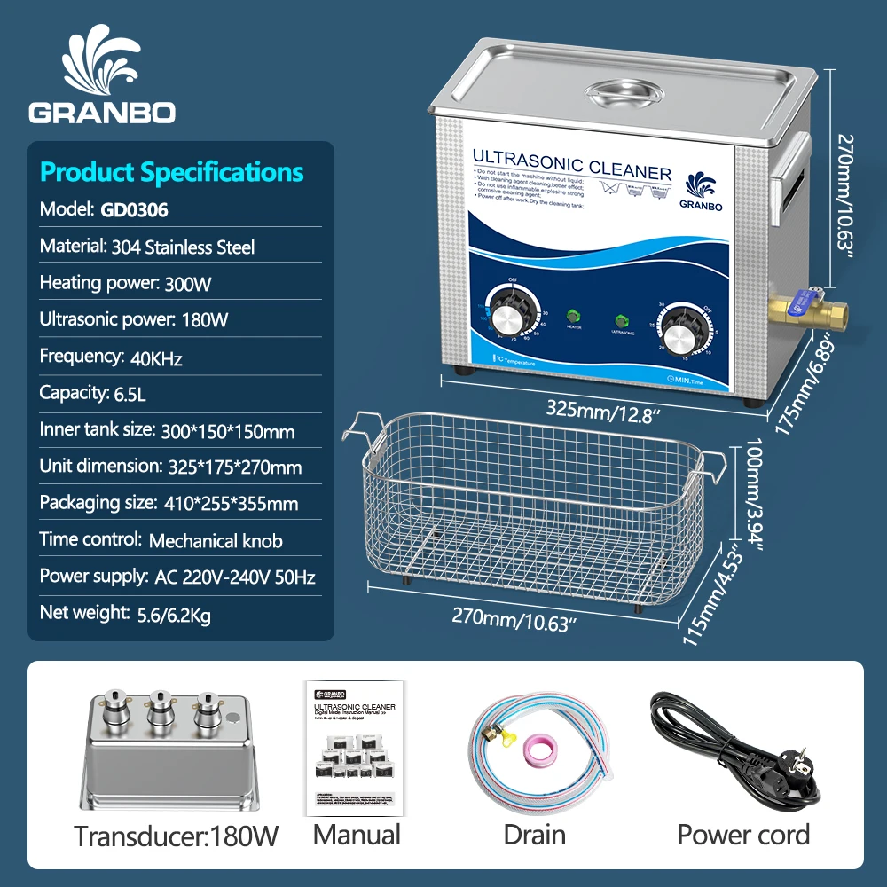 

Granbosonic 6.5L 40KHz Ultrasonic Cleaner 180W High Frequency Ultrasound Cleaning Machine Fuel Injector Ultrasonic Cleaning