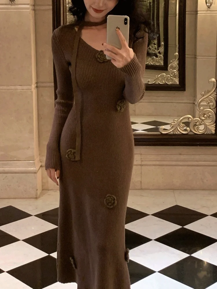 Women Knitting Dress 2025 Autumn Winter Women's French Chic Dress V Neck 3D Flower Knit, Slim Fit Maxi Dress For Coat Layering