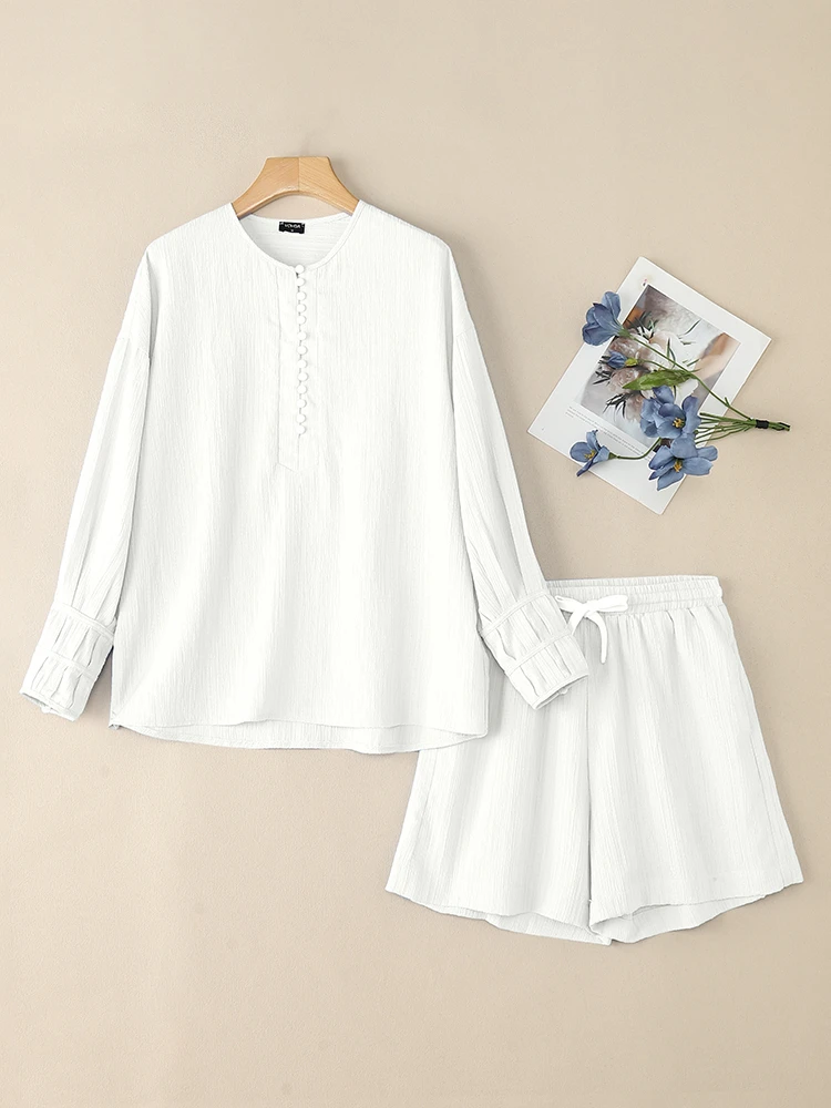Set corti da donna moda VONDA 2025 Autunno Completi a due pezzi Camicie a maniche lunghe e pantaloncini in vita elastica Set coordinati solidi