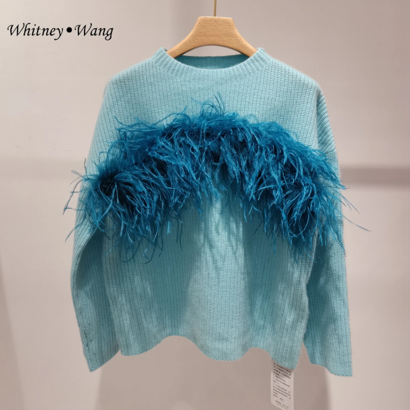 WHITNEY WANG Designer Style 2022 Autumn Winter Fashion Streetwear Ostrich Feathers Sweater Women Jumper Pullover