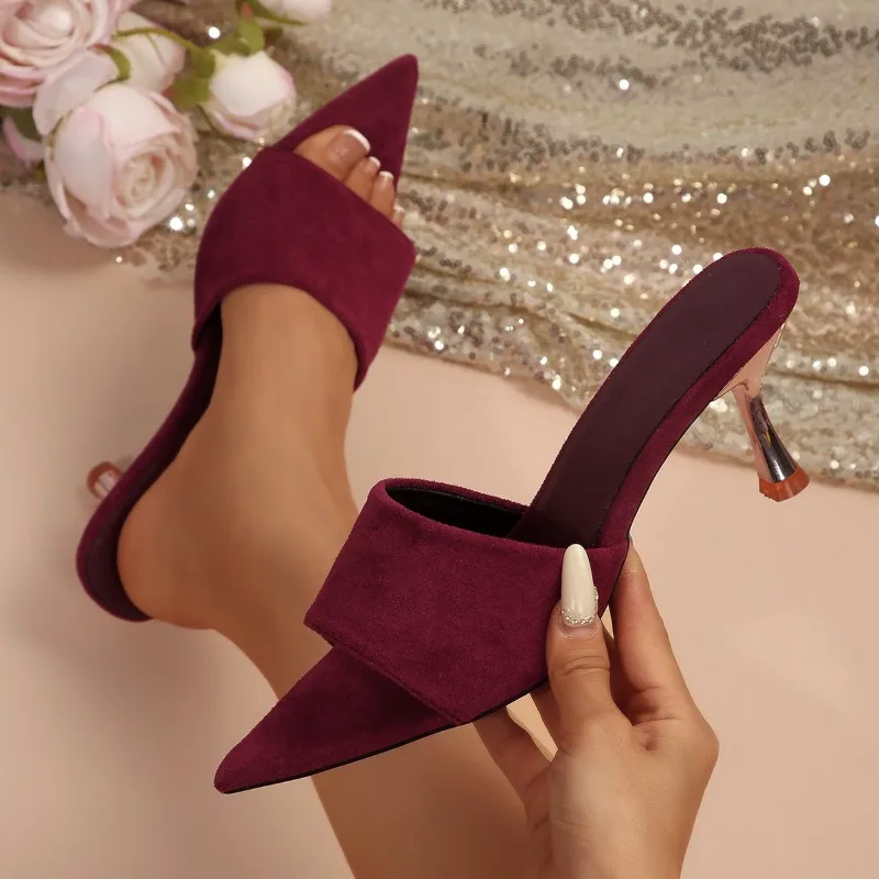 2025 New High Heel Slippers for Women Summer Sexy Party Nightclub Ladies Shoes Sandals Burgundy High Heels Pantuflas De Mujer