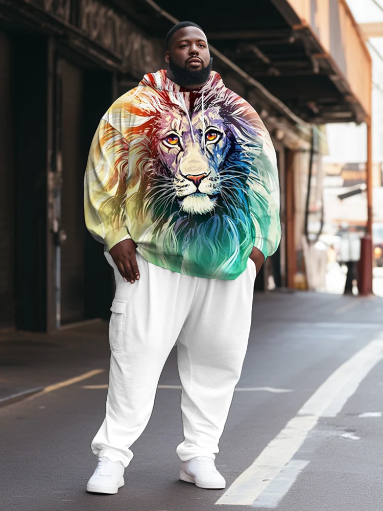 ZOOY (L-9XL) Men\'s Plus Size Fun Color Block Casual Personality Trend Street Lion Graffiti Fashion Long Sleeve Sports Hoodie Set