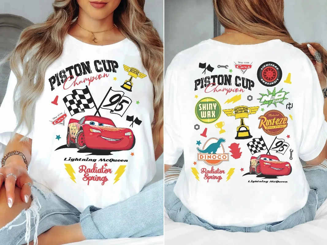 

2 sided Disney Pixar Cars Lightning McQueen Shirt Piston Cup Champion Shirt Radiator Springs Shirt