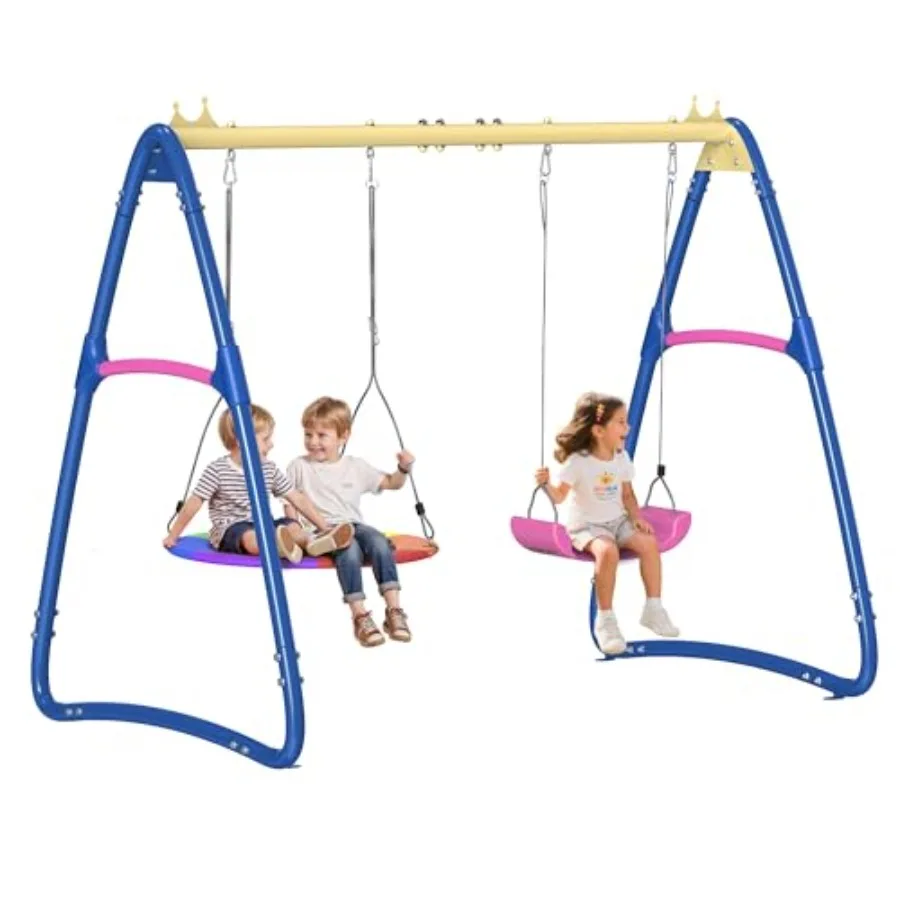 

2-Seat Saucer Swing with Stand Belt Heavy Duty Metal Frame for Outdoor Backyard Playground Set Blue