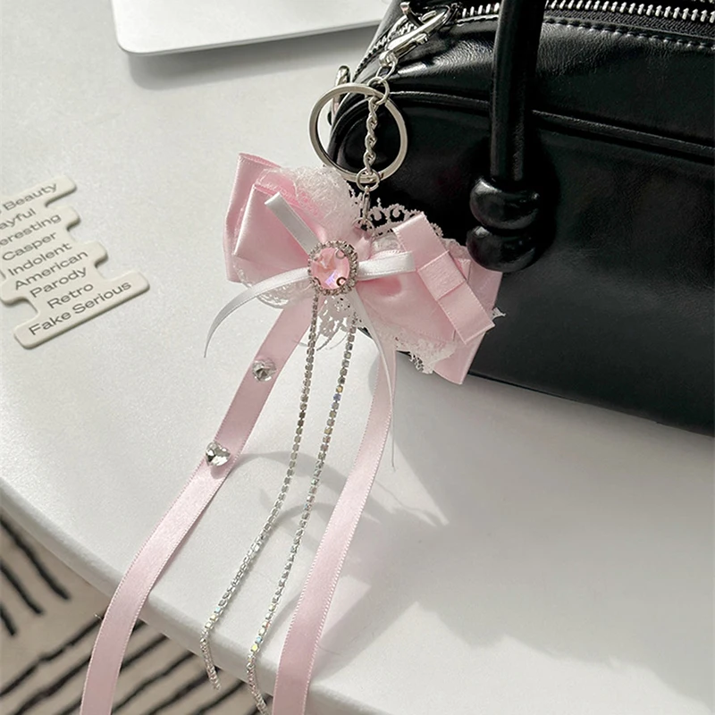 LLavero de lazo de encaje coreano, llavero de cinta con lazo dulce Kawaii, colgante para bolso femenino, amuleto para mochila, regalos para mejores amigos