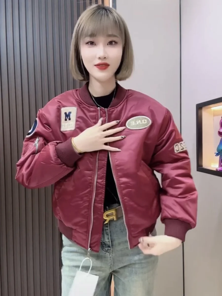 2025年春-レディース-ショート丈-薄手-コットン-ベースボールジャケット-ルーズ-カジュアル-多用途-bfスタイル-ポリエステル混紡-長袖-ジップアップ