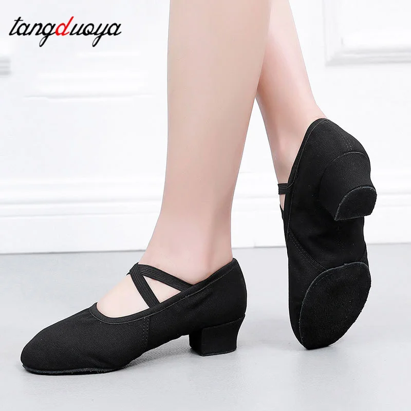 Women Dance Shoes Jazz Salsa Shoes Elastic Band Children Canvas Upper Soft Sole Ballet Dance Shoes Low Heel Indoor/Outdoor
