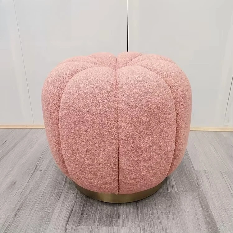 Style Grey Velvet Color Ottoman Pouf in Round Pumpkin Shaped Stool