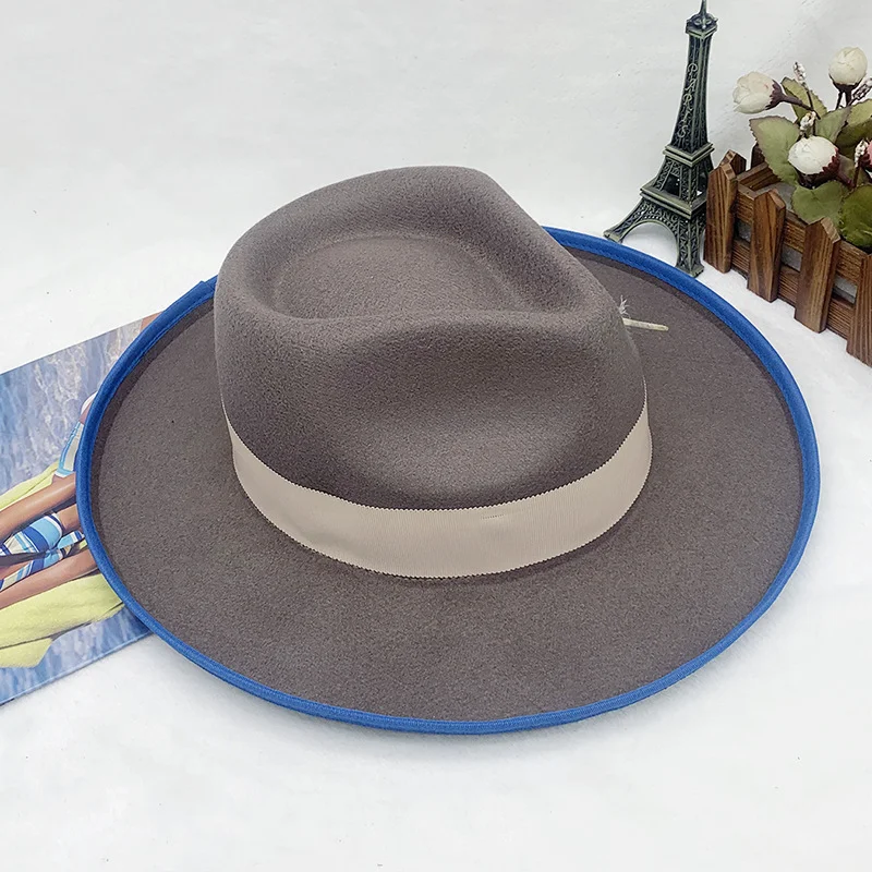 Hot-selling European And American Style Wool Flat-brimmed Jazz Hat With Pleated Large Brim And Color-blocking Design