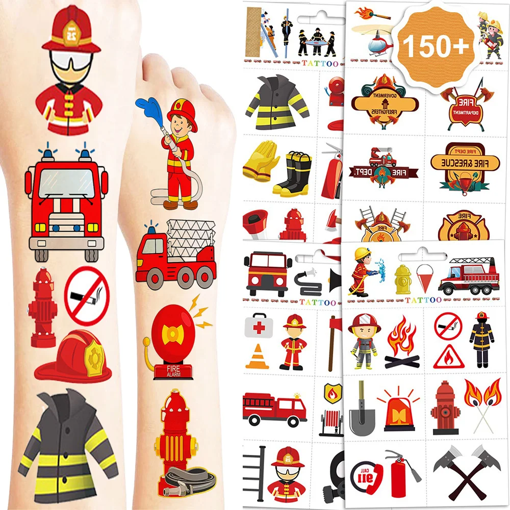 

150 Fire Tattoo Set 10Sheets Fireman Sam Birthday Decoration Waterproof Temporary Tattoos Firefighter Theme Party Supplies