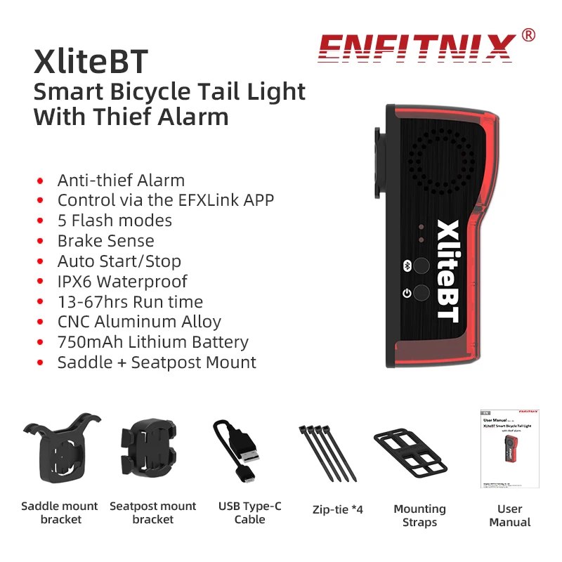 Enfitnix XliteBT Smart Tail Light With Thief Alarm Rear Bluetooth Light USB Charge Night Warning Waterproof Anti-Thief Light