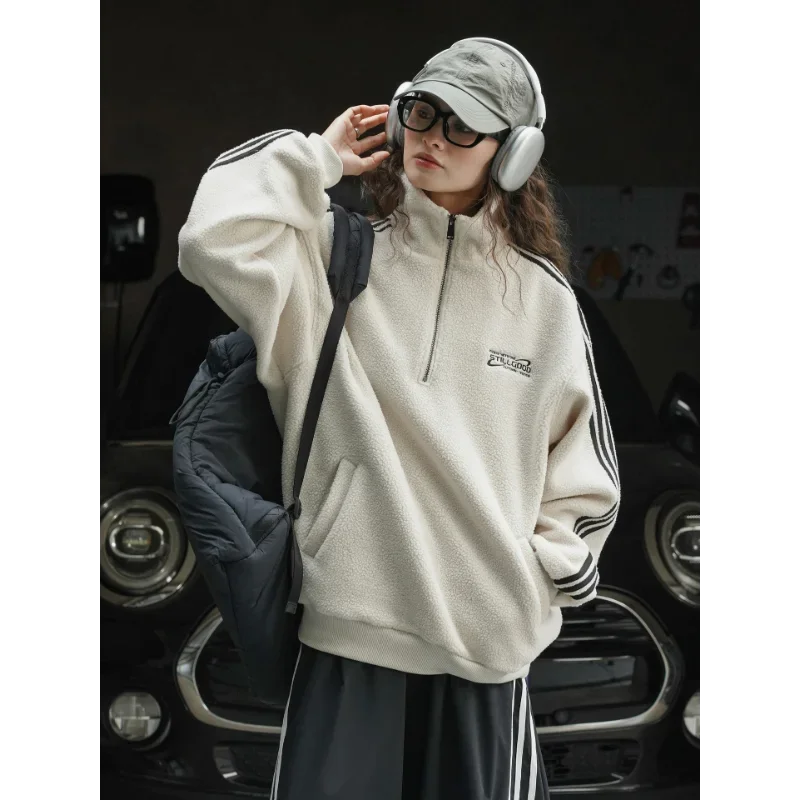 Winter Polar Fleece Sweatshirts Women New American Style Sports Stand Collar Embroidered Letters Loose Warm Comfortable Tops