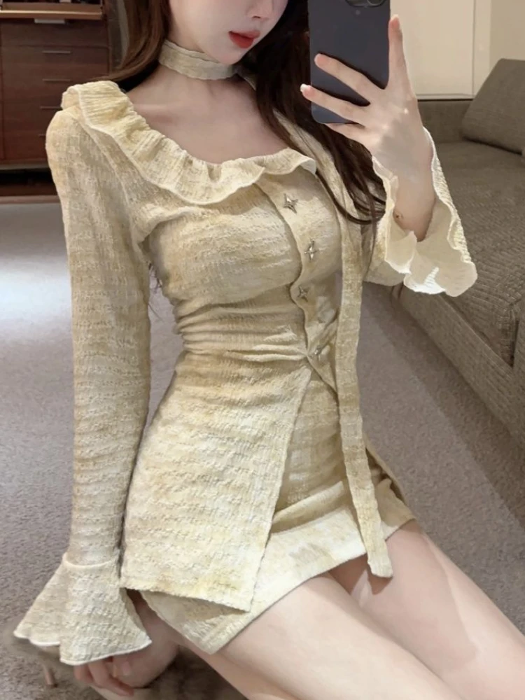 Autumn Vintage Slim Square Neck 2 Piece Set Korean Fashion Ruffle Long Sleeve Thin Top Women + High Waist Solid Short Skirt Suit