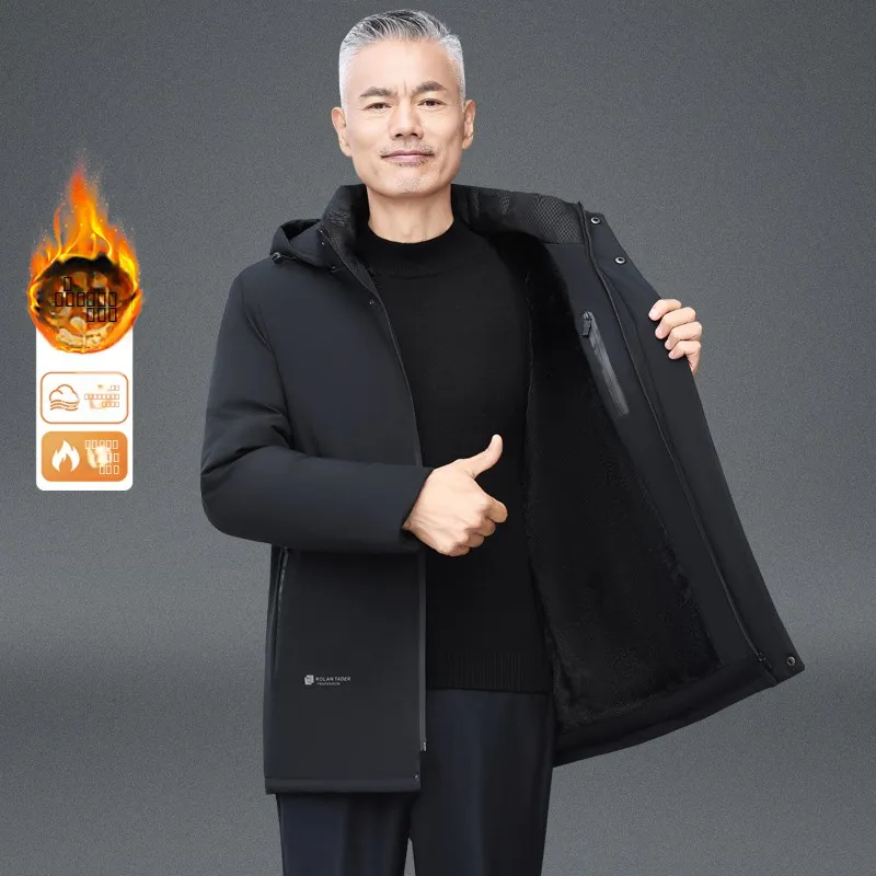 

Мужское зимнее утепленное пальто средней длины на флисовой подкладке, повседневное, деловое, водонепроницаемое, из полиэстера