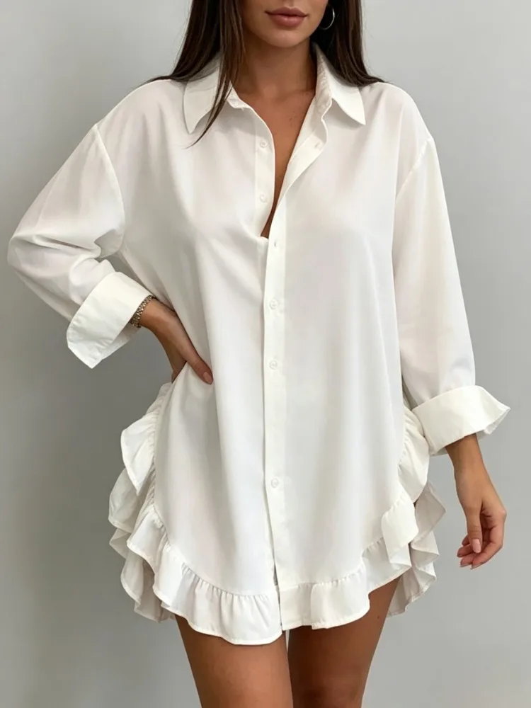 Modigirl Fall Party Prom White Mini Dresses Women 2026 Falbala Lapel Long Sleeve Casual Shirts Dress clearance sale