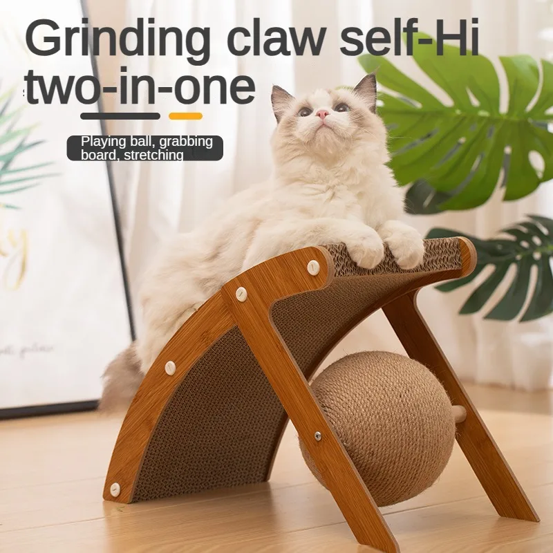 Cat Grabbing Board Wooden Cat Climbing Frame Vertical Scratch Resistant Cat Toy Rotating Sisal Rope Curved Cat Grab Ball