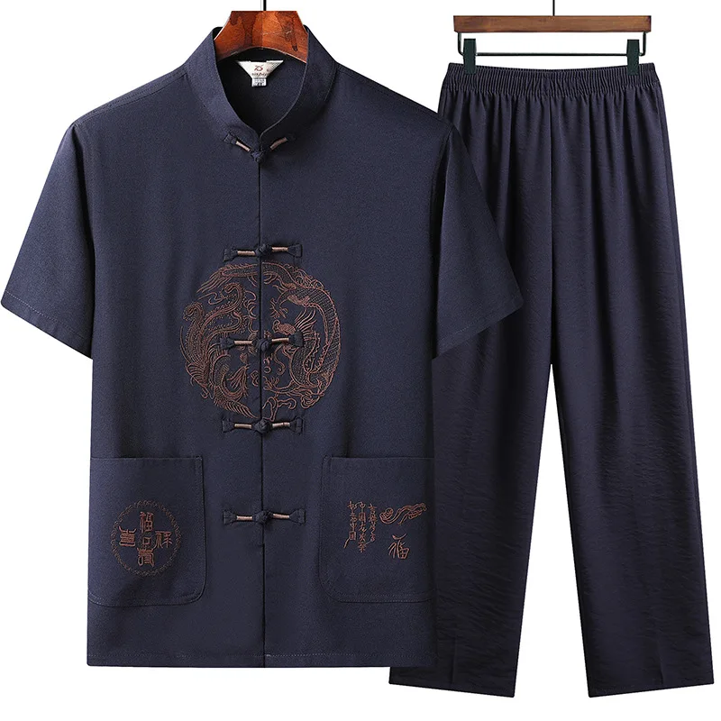 Abito tradizionale cinese retrò Tang Hanfu drago ricamato Oversize Kung Fu Tai Chi uniforme estate manica corta lino Homewear