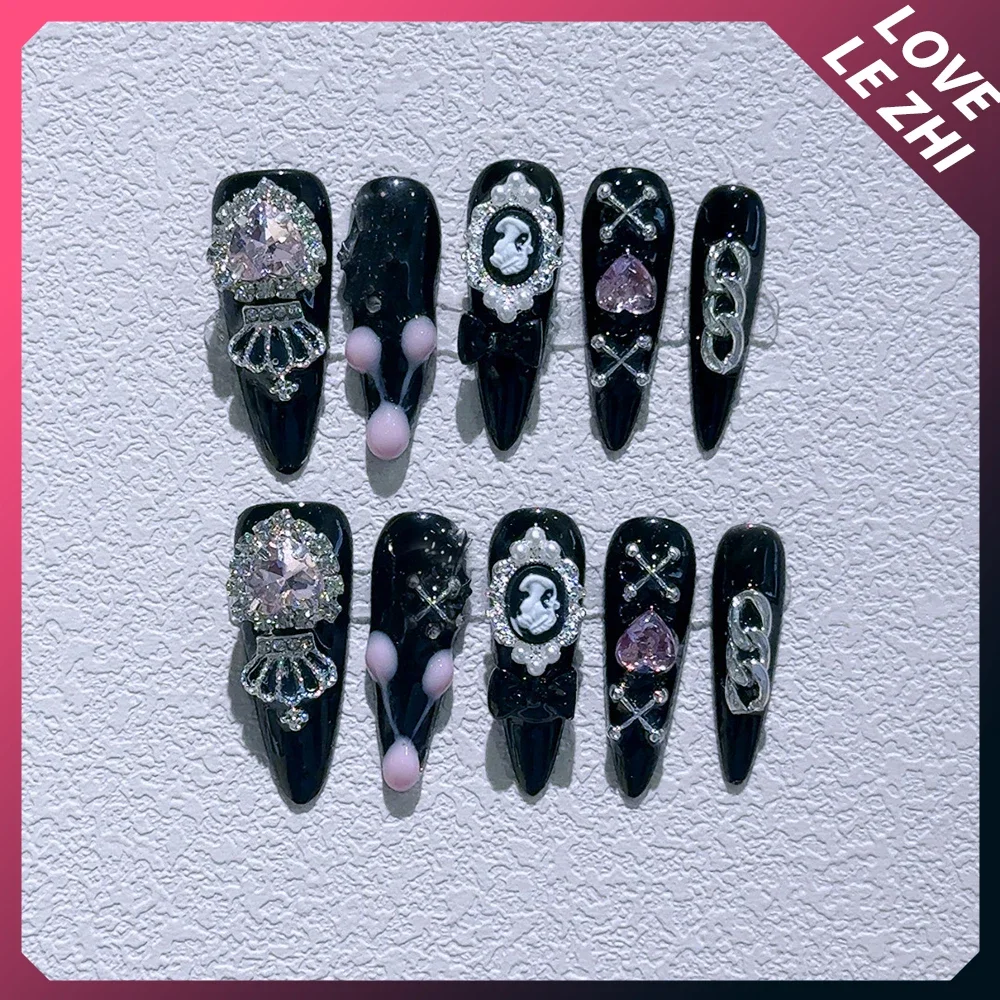 10 stuks gothic handgemaakte pers op nagels kunst lange puntige vorm liefde diamant punk metalen ketting straat cool volledige dekking nep nagels