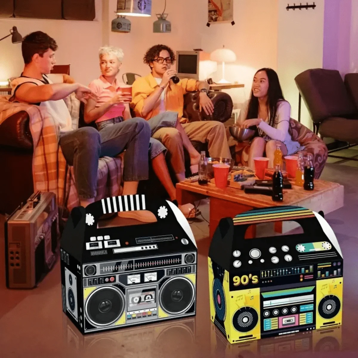 12 Stück, radioförmige Geschenkbox mit Griff, Partyzubehör im 90er-Jahre-Thema, Retro-Tasche zum Halten von Süßigkeiten-Popcorn, kleinen Spielzeugen, Verpackungsbox – Detail 5