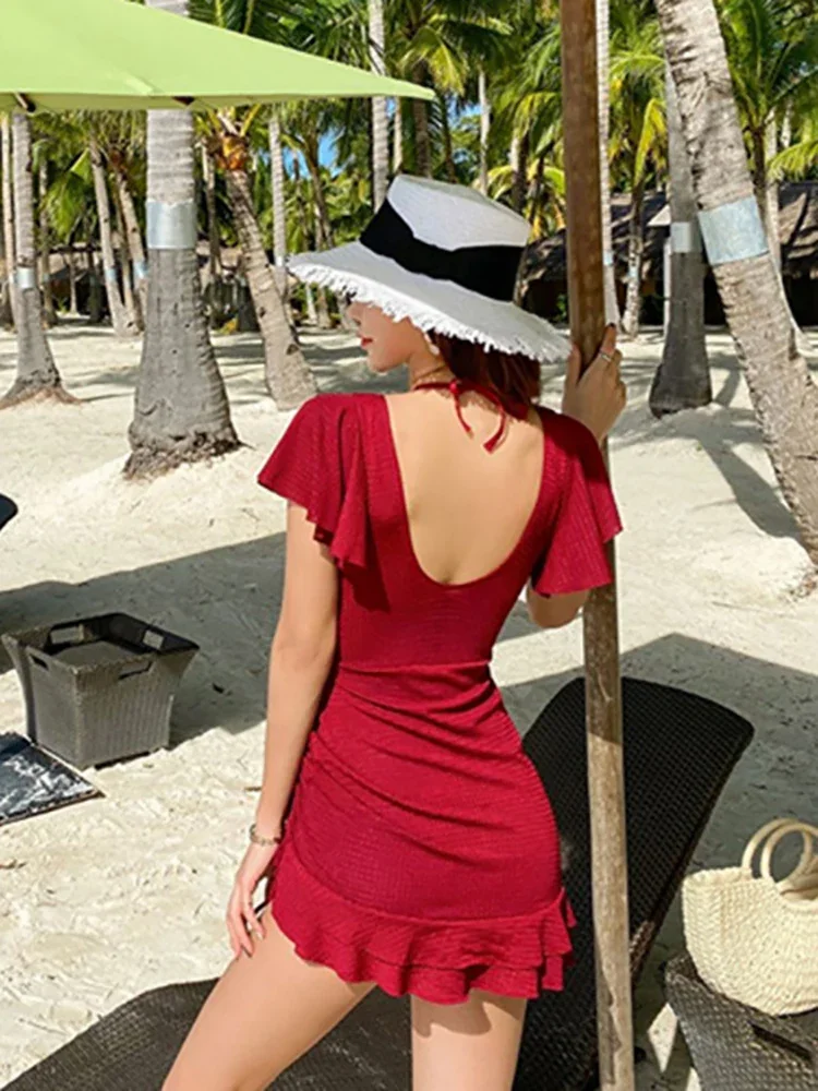 Red Ruffle Swimsuit Women Summer V Neck One-piece Swimwear Female Skirt Swim Bathing Suit Push Up Slimming Korean Swimdress