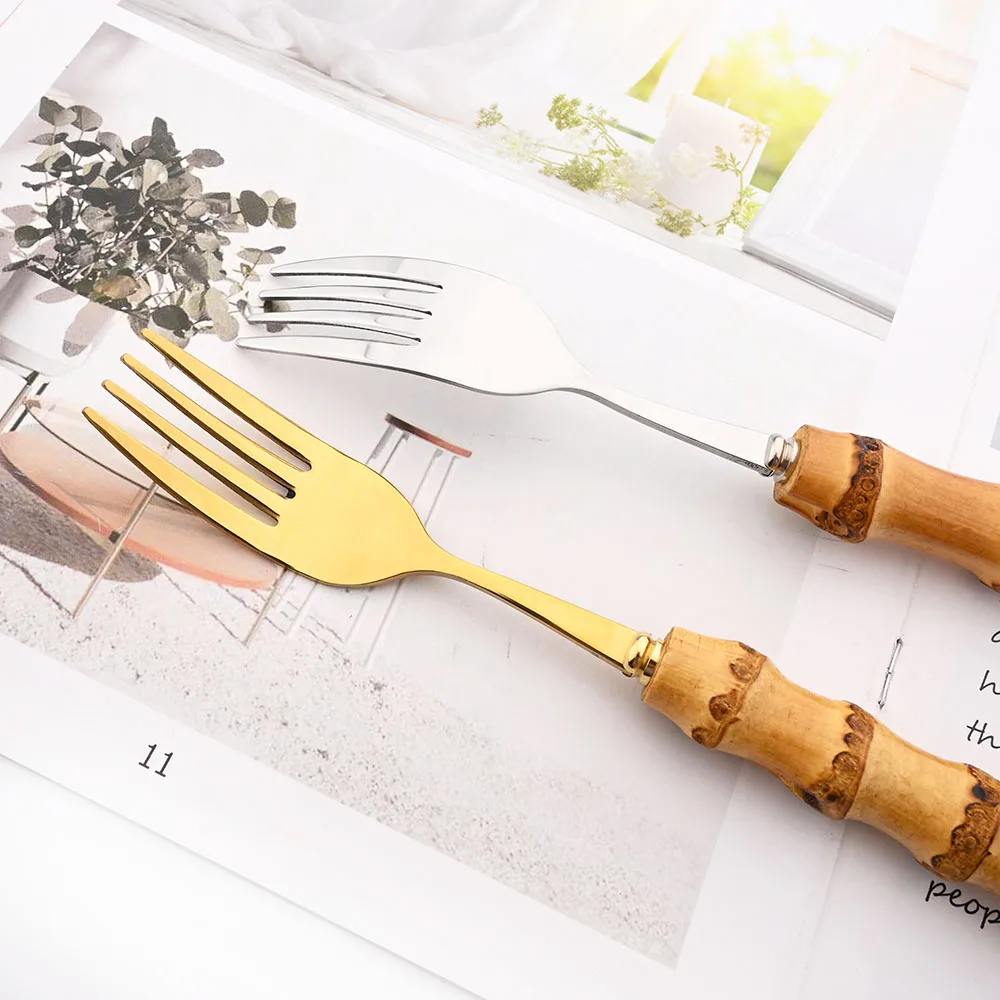 Western Flatware Set 4/20Pcs Knife Tea Fork Spoons Tableware Stainless Steel Cutlery Set Natural Bamboo Handle Dinnerware Set