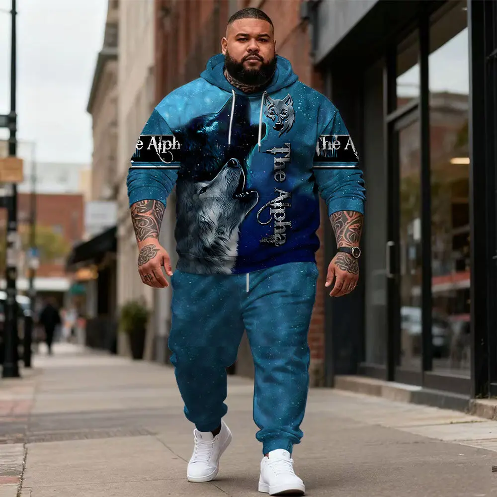 

S-9xl plus size Big & Tall Men's Hoodie Set: Wolf Elements - 2-Piece Wear, Breathable Material, Bold Wolf Designs